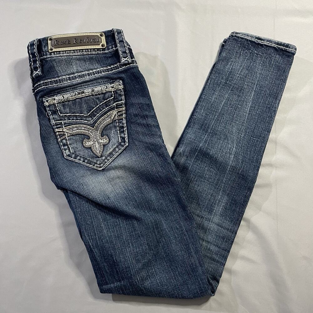 Rock Revival Liri Easy Skinny Jeans Womens Size 27 Faux Flap Pocket Blue EUC‎